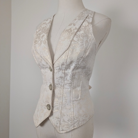 Guess Brocade Vest Waistcoat Cream Sleeveless Fitted Buttons - Picture 2 of 9